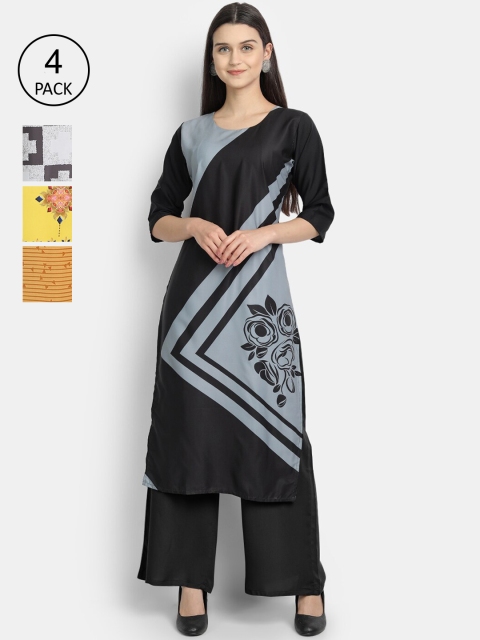 Ethnic basket Women Pack Of 4 Printed Crepe Kurtas, Black