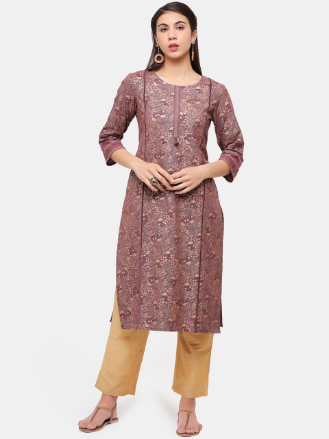 IMARA Women Burgundy & Gold-Toned Ethnic Motifs Printed Floral Cotton Kurta