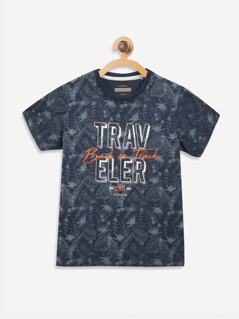 Octave Boys Navy Blue Printed Round Neck Cotton T-shirt