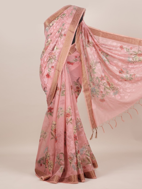 Pothys Pink Printed Linen Blend Saree