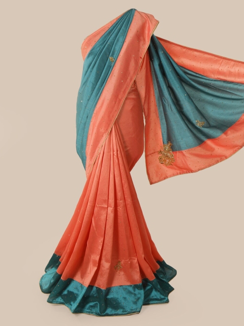 Pothys Peach-Coloured & Blue Art Silk Embellished Saree