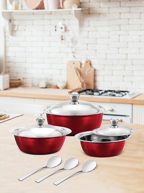 Jensons Set Of 3 Red & Silver-Toned Stainless Steel BASICS Handi With Lids & Service Spoons
Jensons Set Of 3 Red & Silver-Toned Stainless Steel BASICS Handi With Lids & Service Spoons