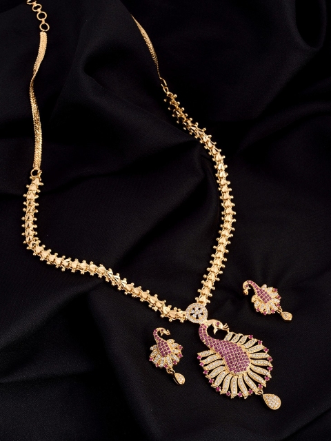 Saraf RS Jewellery Gold Plated Magenta-Pink Peacock Design American Diamond-Studded Handcrafted Jewellery Set
Saraf RS Jewellery Gold Plated Magenta-Pink Peacock Design American Diamond-Studded Handcrafted Jewellery Set