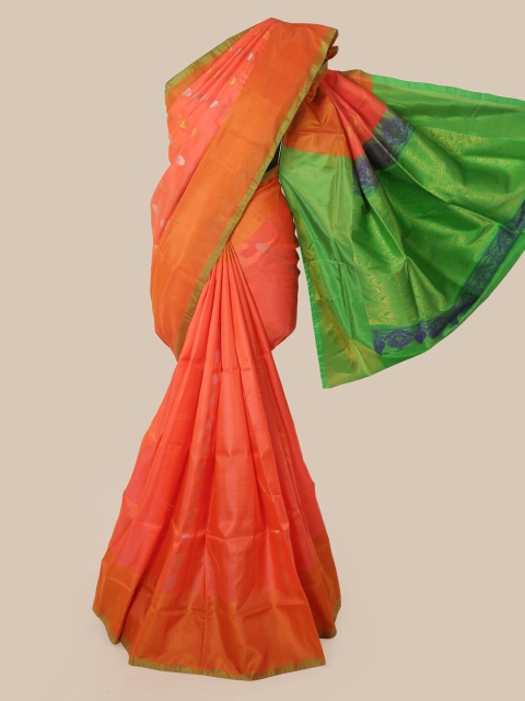 Pothys Peach-Coloured & Green Pure Silk Woven Design Kanjeevaram Saree