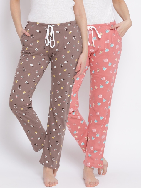 Kanvin Women Pack Of 2 Printed Pure Cotton Lounge Pants, Orange