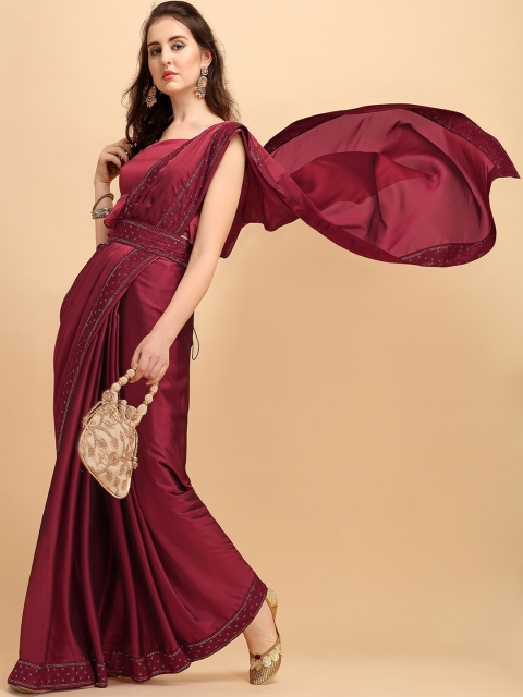 Sangria Maroon Solid Silk Blend Saree