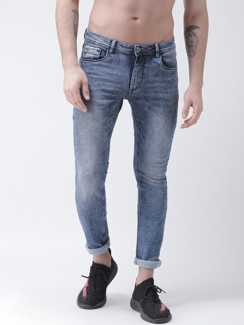 Rex Straut Jeans Men Blue Slim Fit Low Distress Heavy Fade Jeans