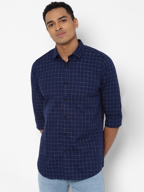 Allen Solly Men Navy Blue & White Slim Fit Checked Cotton Casual Shirt