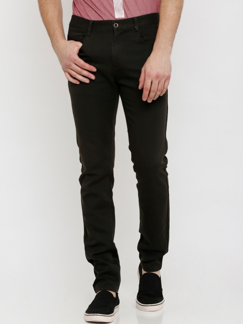 Rex Straut Jeans Men Olive Brown Solid Slim Fit Regular Trousers