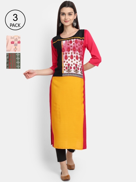 Ethnic basket Women Pack Of 3 Multicoloured Yoke Design Crepe Kurtas, Multi