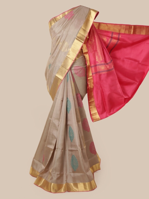 Pothys Tan & Gold-Toned Pure Silk Solid Kanjeevaram Saree