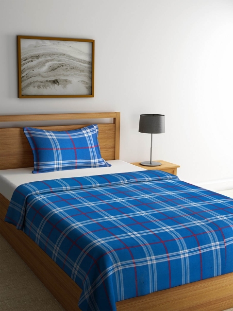 KLOTTHE Blue & White Woven-Design Cotton Single Bed Cover With Pillow Cover