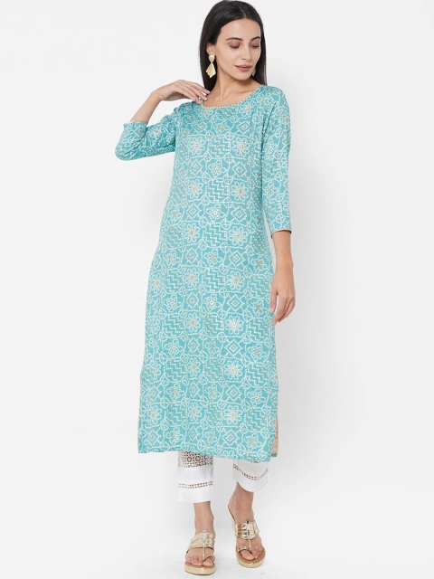 FASHOR Women Blue & White Bandhani Printed Kurta