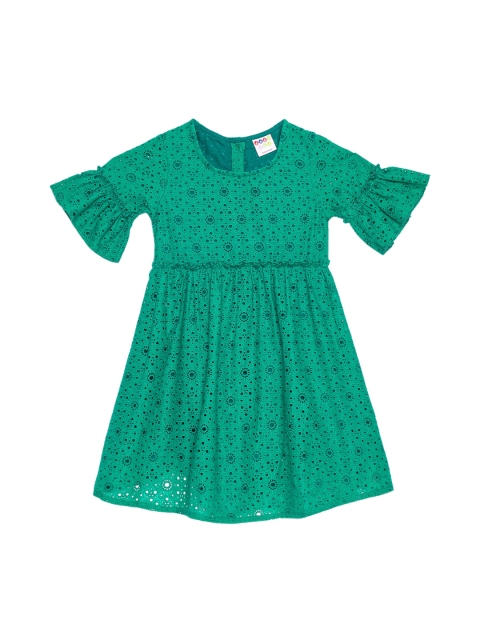 ZION Girls Green Printed Cotton Fit & Flare Dress