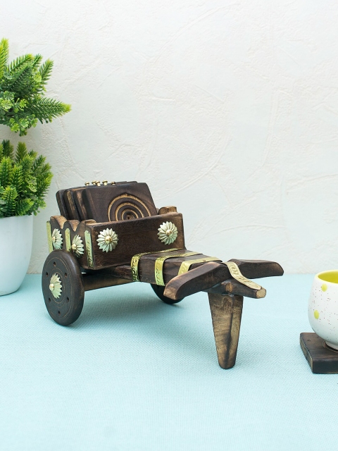 WISHTANK Set Of 6 Brown & Gold-Toned Wooden Coasters With Miniature Bullock-Cart Shaped Stand
WISHTANK Set Of 6 Brown & Gold-Toned Wooden Coasters With Miniature Bullock-Cart Shaped Stand