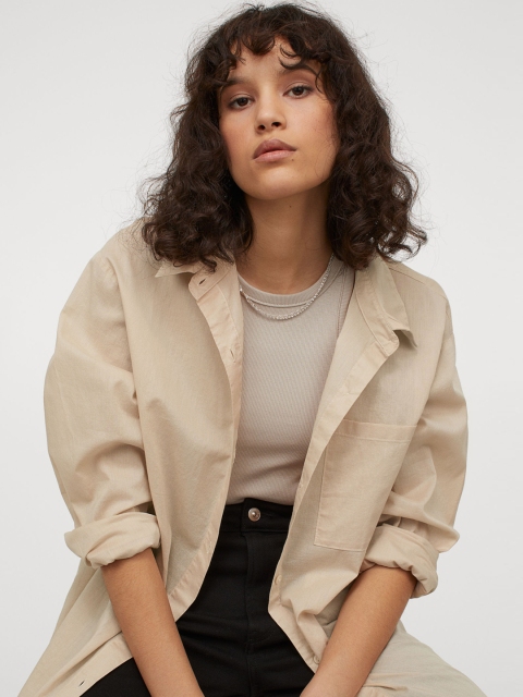 H&M Women Beige Oversized Cotton Shirt