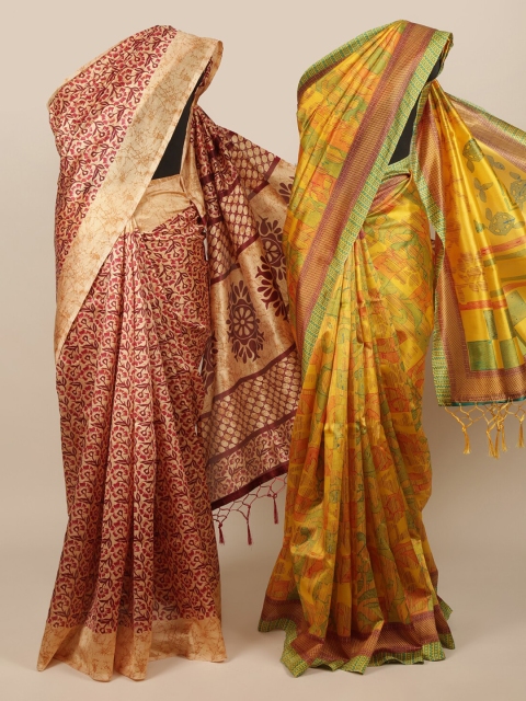 Pothys Pack of 2 Yellow & Red Jute Silk Printed Saree