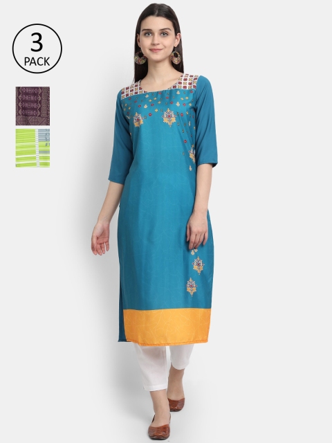 Ethnic basket Women Pack Of 3 Multicoloured Floral Printed Crepe Kurta, Multi