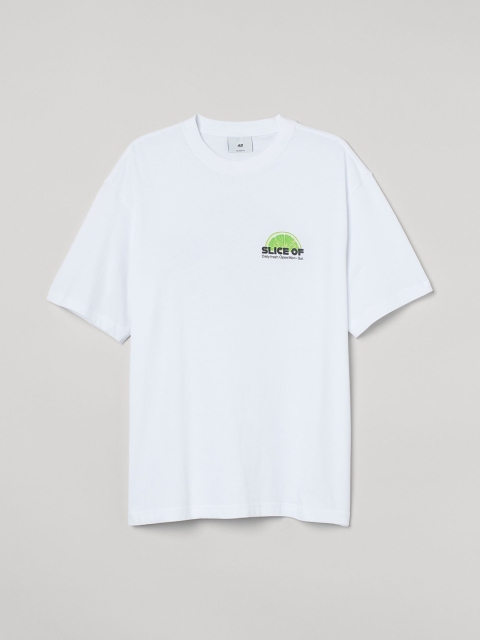 HM Men White Green Pure Cotton Printed Relaxed Fit Pure Cotton T-shirt