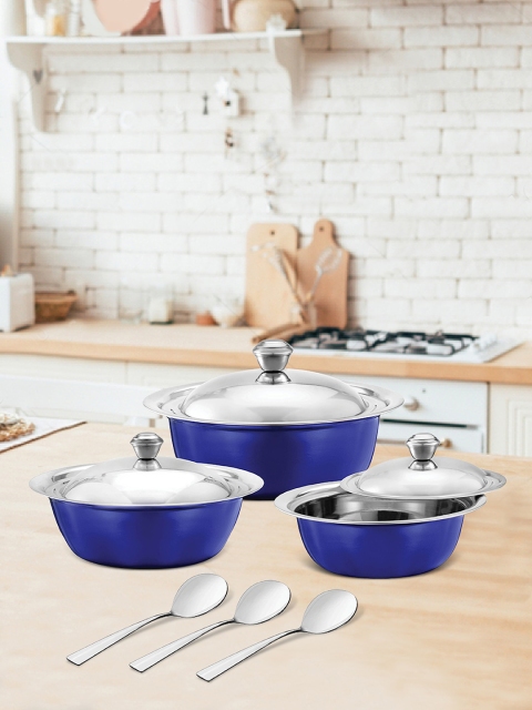 Jensons Set Of 3 Blue & Silver-Toned Stainless Steel BASICS Handi With Lids & Service Spoons
Jensons Set Of 3 Blue & Silver-Toned Stainless Steel BASICS Handi With Lids & Service Spoons