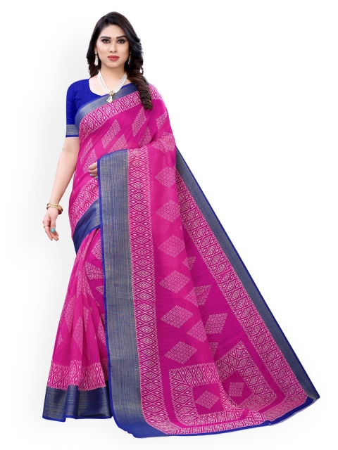 KALINI Pink & Blue Polycotton Printed Saree