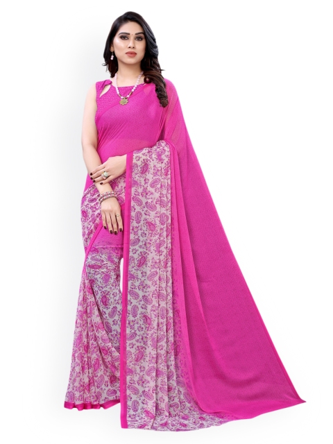 KALINI Pink Solid Poly Chiffon Saree