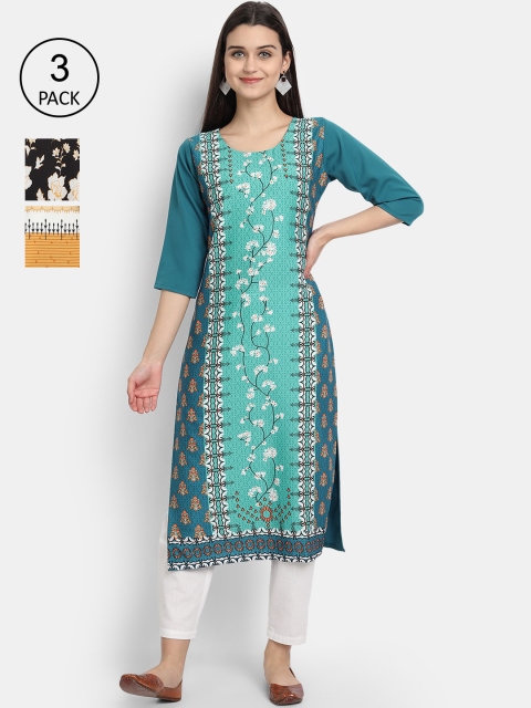 Ethnic basket Women Pack Of 3 Ethnic Motifs Printed Crepe Kurta, Blue