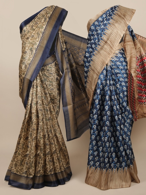 Pothys Tan & Blue Pack of 2 Printed Jute Silk Saree