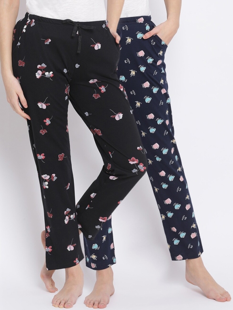 Kanvin Women Pack Of 2 Printed Pure Cotton Lounge Pants, Navy blue