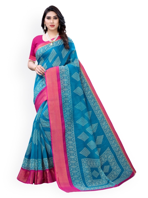 KALINI Blue & White Polycotton Printed Saree