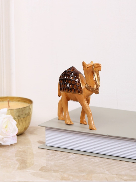 Aapno Rajasthan Brown & Gold-Toned Carved Wooden Camel Showpiece