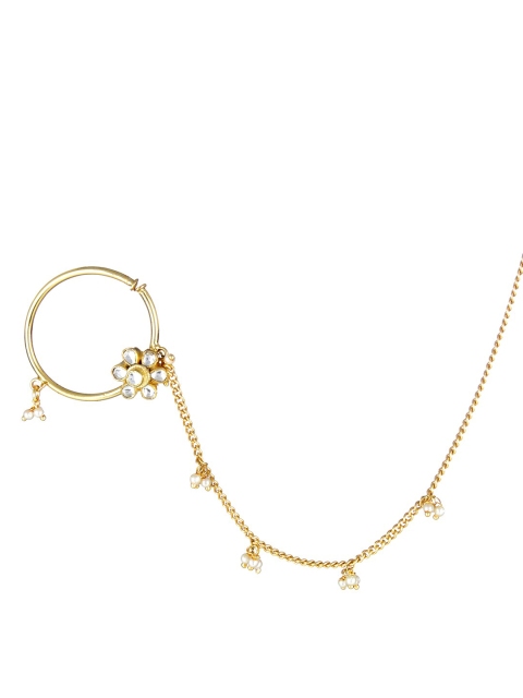 Adwitiya Collection Gold-Plated White Kundan-Studded & Pearl-Beaded Nosepin With Chain
Adwitiya Collection Gold-Plated White Kundan-Studded & Pearl-Beaded Nosepin With Chain