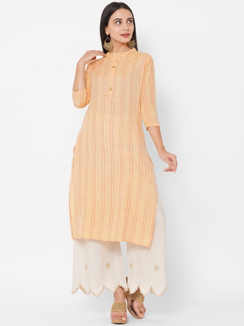 FASHOR Women Cream-Coloured & Red Striped Embroidered Kurta