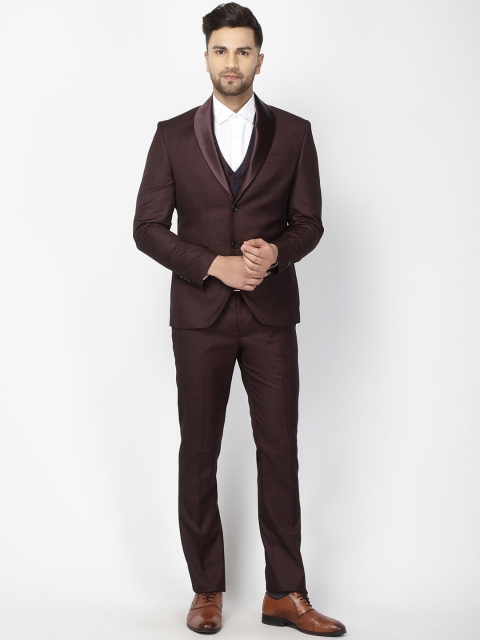 Blackberrys Men Brown Solid Slim-Fit Single-Breasted Three-Piece Formal Suit
