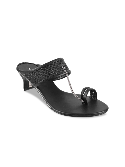 WALKWAY Women Black & Silver-Toned Braided Basket Weave Textured Slim Heels