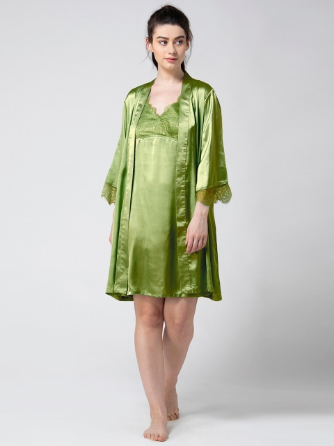 ADORENITE Green Solid Nightdress with Robe