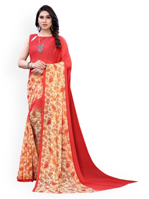 KALINI Red & Cream-Coloured Poly Chiffon Printed Saree