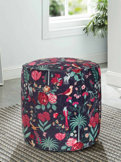 India Circus by Krsnaa Mehta Navy Blue & Green Floral Galore Pouffe