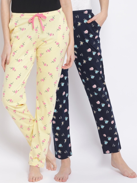 Kanvin Women Pack Of 2 Printed 100% Cotton Lounge Pants, Navy blue