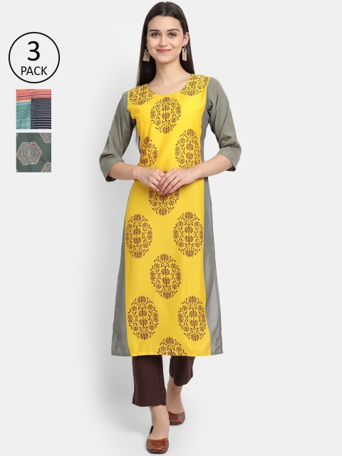 Ethnic basket Women Pack Of 3 Multicoloured Printed Crepe Kurta, Multi