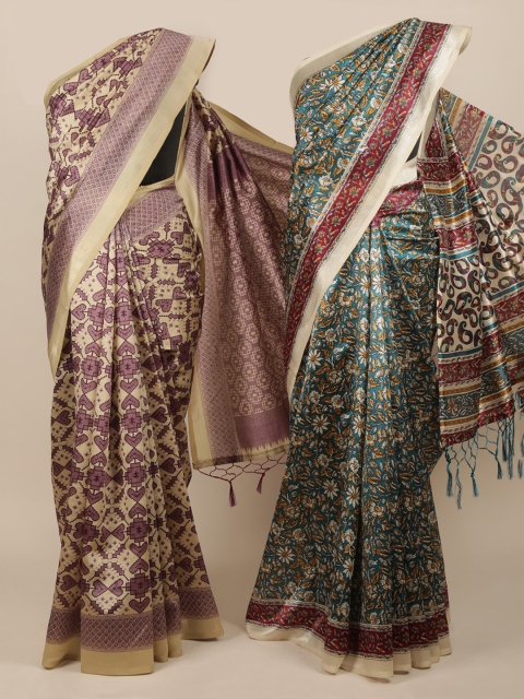 Pothys Pack Of 2 Cream-Coloured & Green Jute Silk Printed Saree