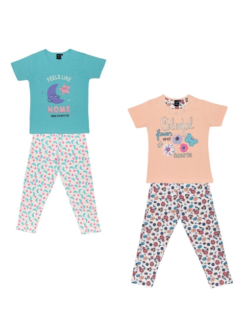Todd N Teen Girls Set Of 2 Blue & Peach-Coloured Printed Night suit