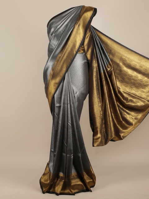 Pothys Black & Silver-Toned Jute Silk Woven Design Saree