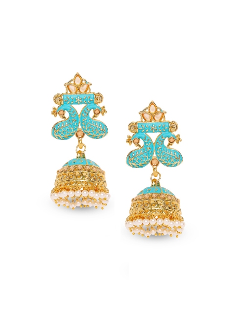 Mahi Blue Gold-Plated Stone Studded & Beaded Meenakari Dome Shaped Jhumkas