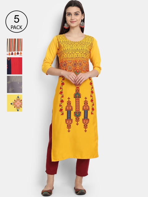 Ethnic basket Pack of 5 Women Multicoloured Ethnic Motifs Printed Crepe Kurta, Multi
