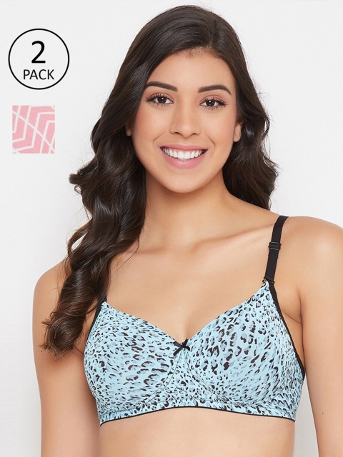Clovia Pack Of 2 Blue & Pink Printed Non-Wired Lightly Padded T-shirt Bras COMBRC77532B