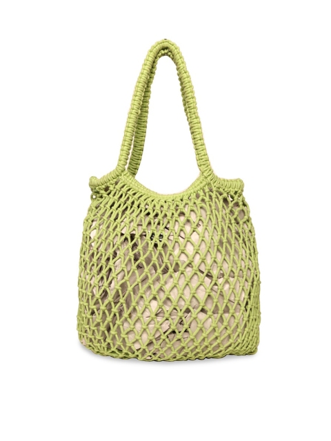 ASTRID Lime Green Self Design Tote Bag