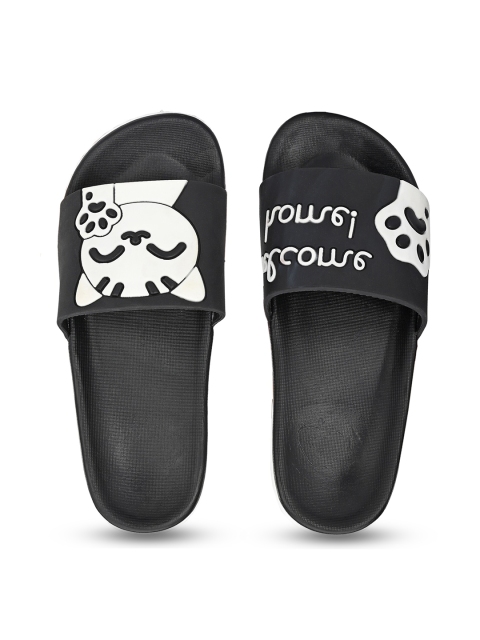 Prolific Women Black & White Printed Rubber Sliders