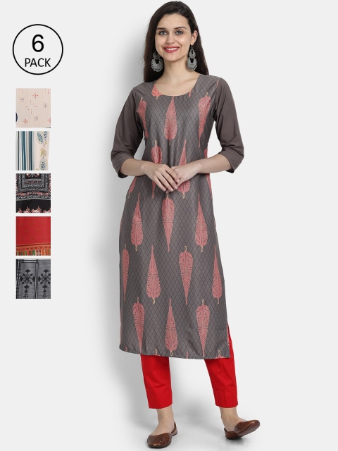 Ethnic basket Women Pack Of 6 Printed Crepe Kurtas, Multi