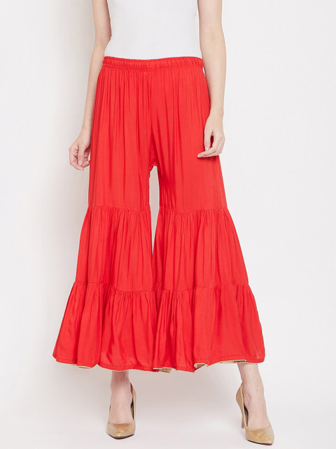 Castle Women Coral Red Solid Tiered Flared Palazzos 
Castle Women Coral Red Solid Tiered Flared Palazzos